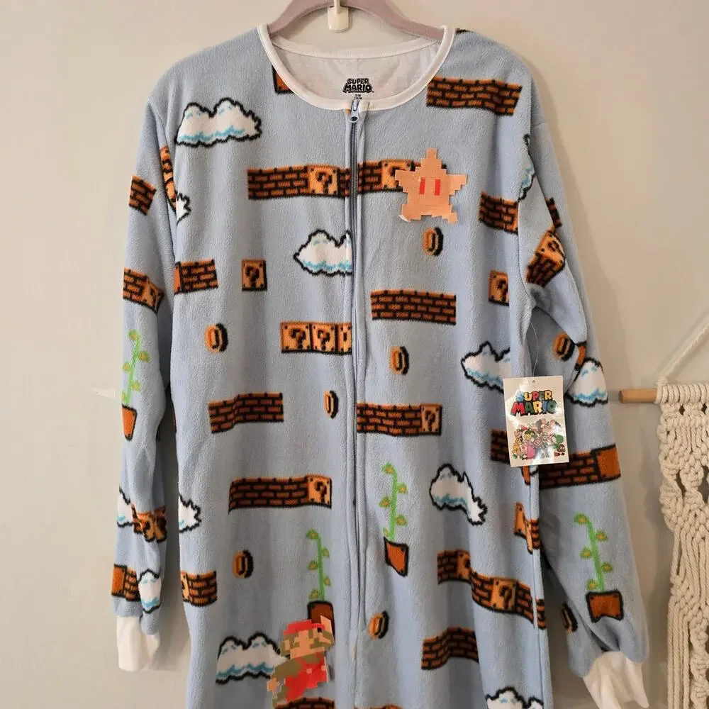NWT Nintendo Super Mario Fleece Zip Up One-Piece Pajamas Blue Size S Small